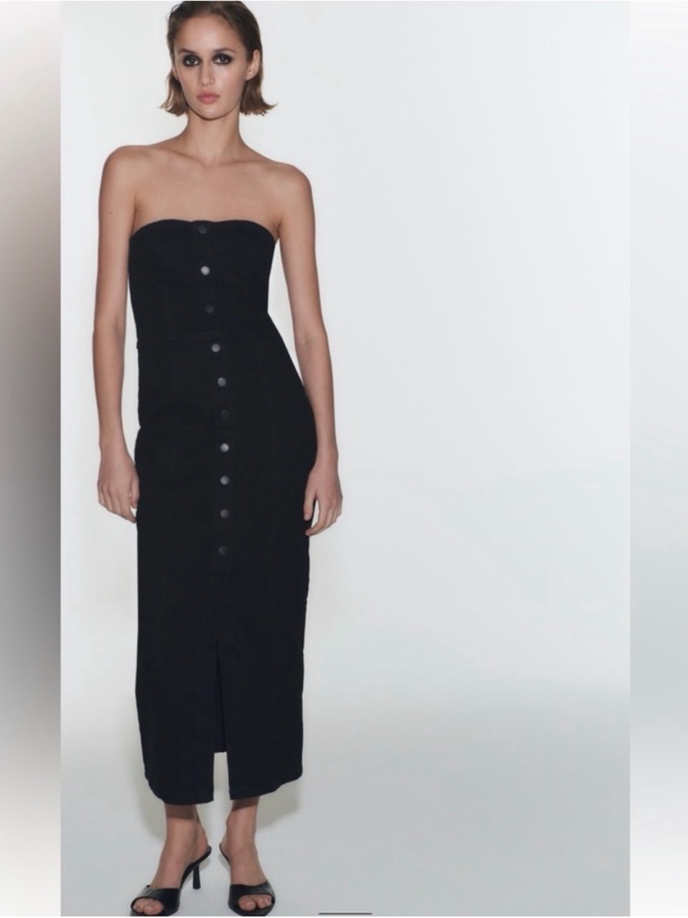 Zara Strapless Black Button-Front Midi Dress